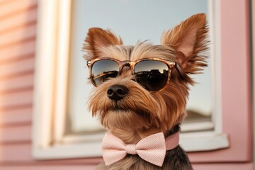 Stylish dog with sunglasses and bow tie posing outdoors in front of a pastel-colored building