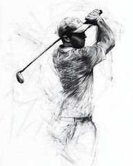 Dynamic sketch of a golfer's powerful swing, captured in expressive black and white strokes.  A masterful depiction of athleticism and focus.