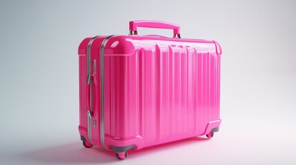 A modern pink suitcase with glossy edges and ergonomic handles, placed on a bright white background 