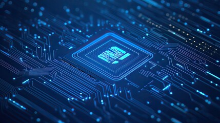 Blue glowing CPU data processing circuit board