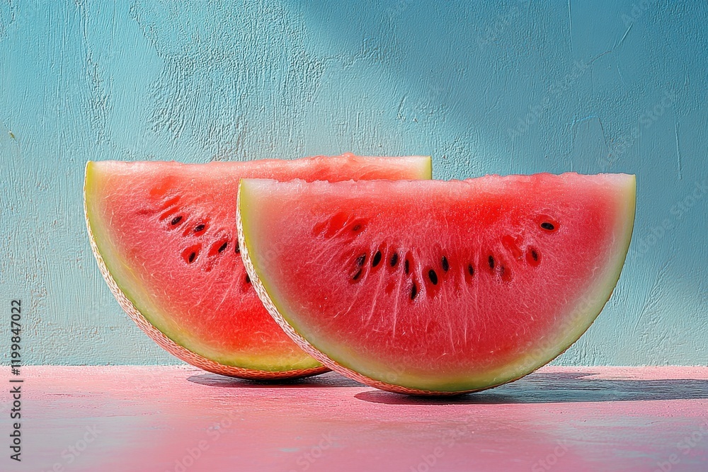 Poster Freshly sliced watermelon halves on a colorful background with soft lighting in a bright setting