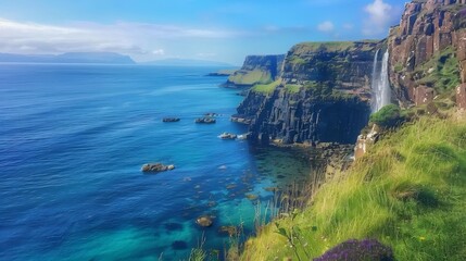 Coastal waterfall, cliffs, ocean view, sunny day, travel scenery.