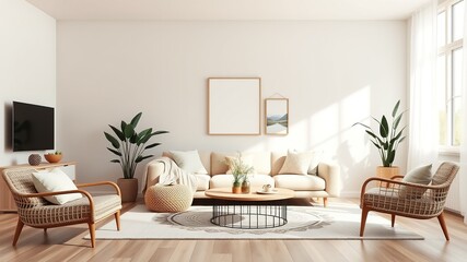 Pastel Boho Living Room Mockup - Minimalist Interior Design 3D Render