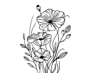Black silhouettes of grass, flowers and herbs isolated on a white background. Hand drawn sketch of flowers
