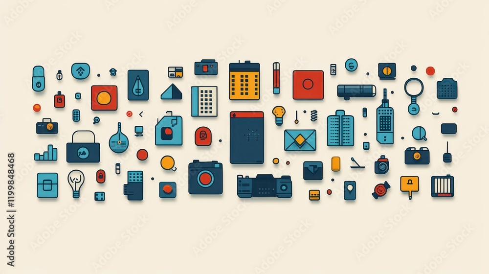 Poster a collection of colorful icons representing various technology and communication tools.