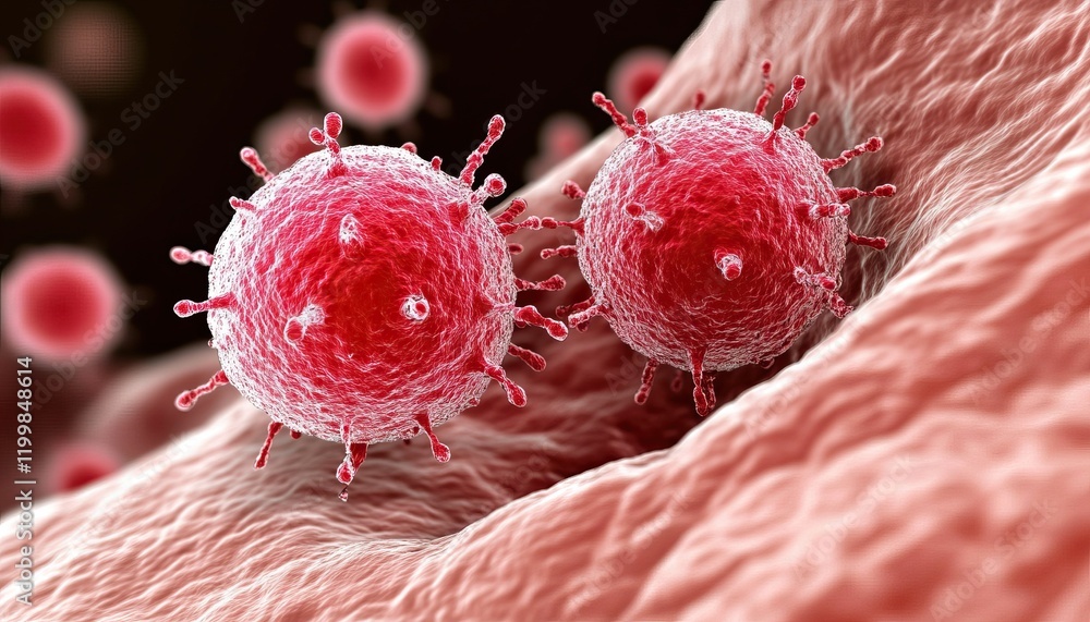 Aufkleber microscopic view of red virus particles interacting with cells.