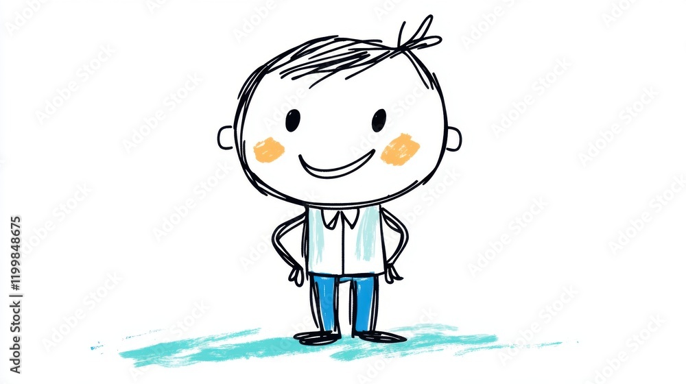 Poster charming hand-drawn boy character with smiling face and playful gesture on white background