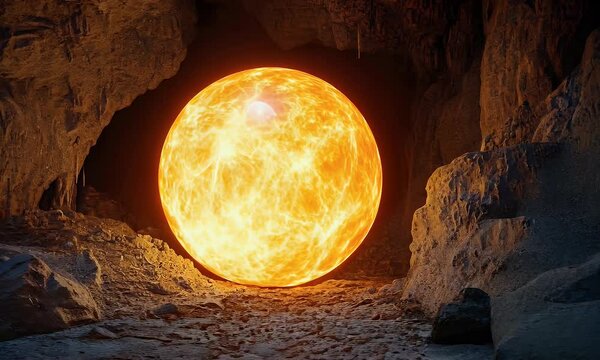 Fiery sun sphere in dark cave, mystical scene