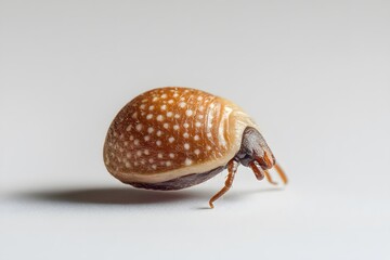 Close-up of a small, brown, spotted insect with six legs on a white background.