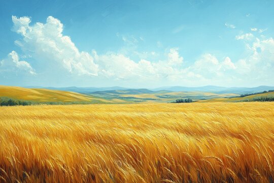 Expansive golden wheat field under a bright blue sky with fluffy white clouds in the distance