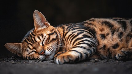 Fototapeta premium Striped cat lying on black surface. Cat sleeping, close-up. Generative AI.
