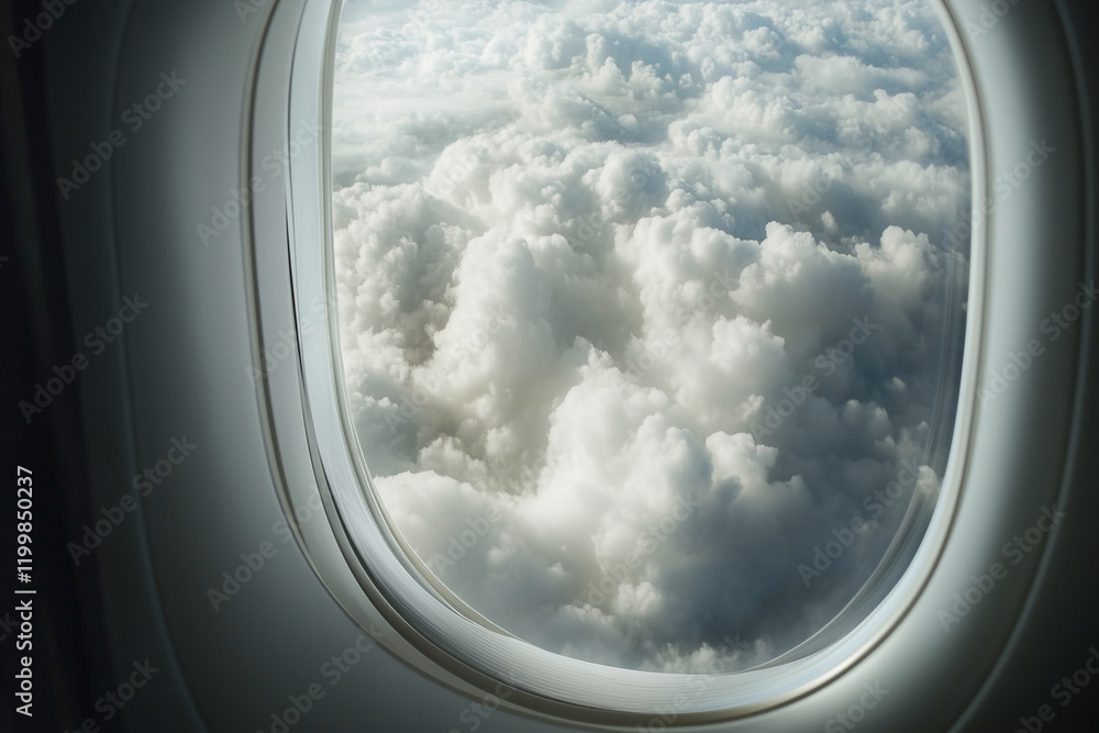 Poster window view of a plane flying through a cloudy sky. the clouds are white and fluffy, and the plane i