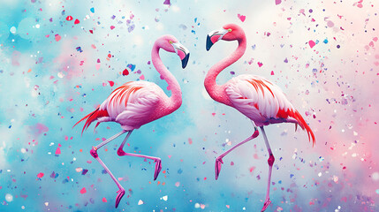 Obraz premium The image features two pink flamingos with red tips on their feathers and legs, set against a background of blue and pink hues, adorned with colorful confetti-like specks