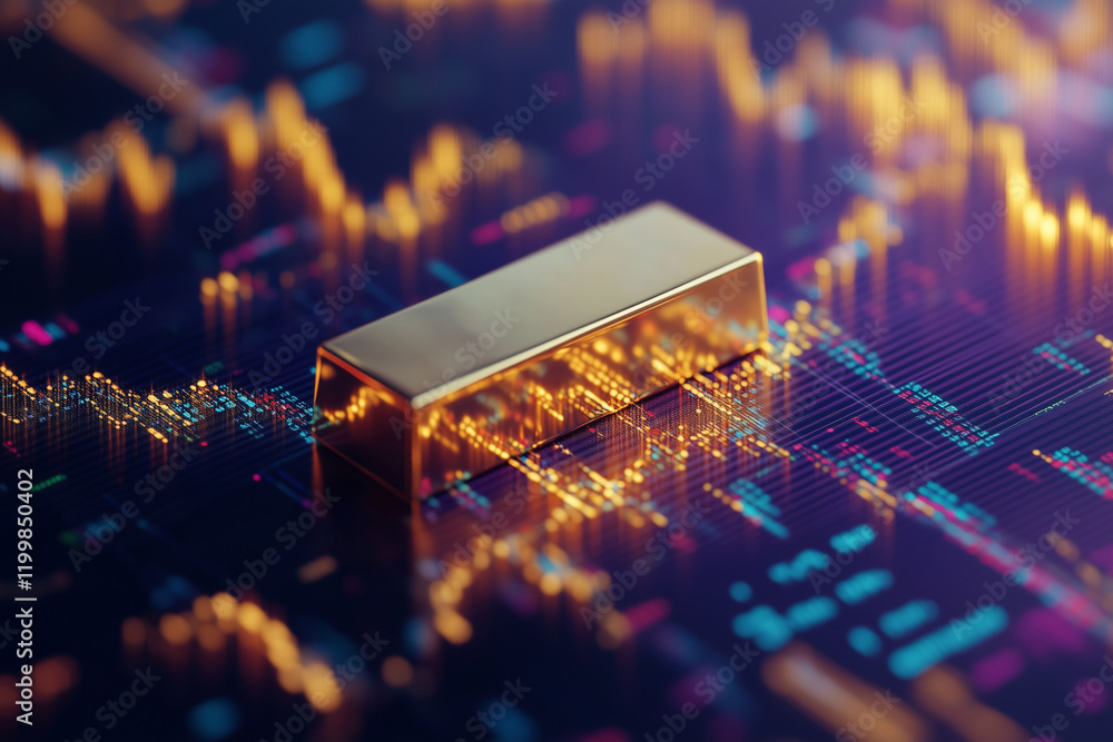 Aufkleber gold bar is on top of a computer screen with a lot of numbers and lines. the gold bar is reflecting 