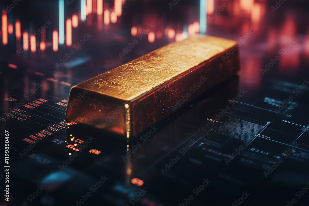 Poster gold bar is on a black background with a lot of numbers and lines. the image has a futuristic and te