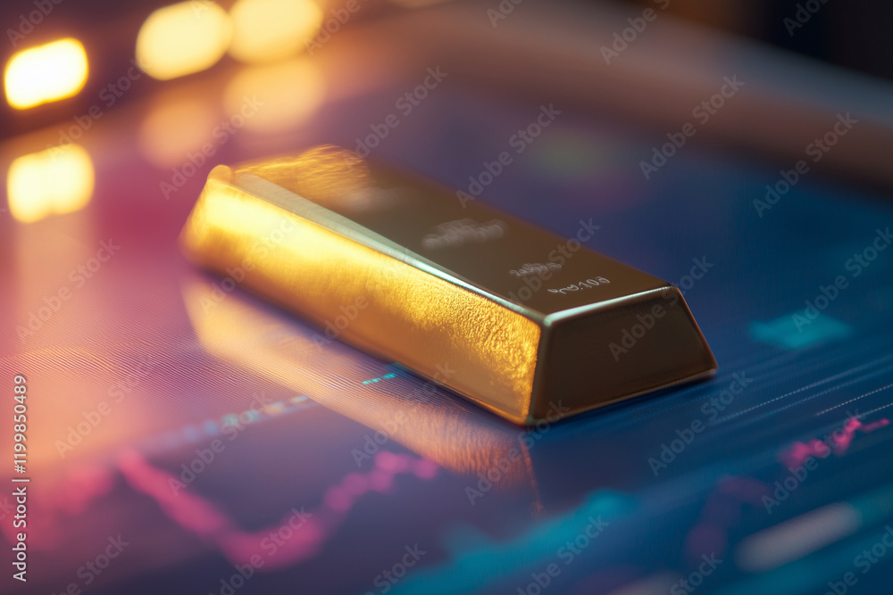 Poster gold bar sits on a computer screen with a graph of stock prices. the gold bar is the main focus of t