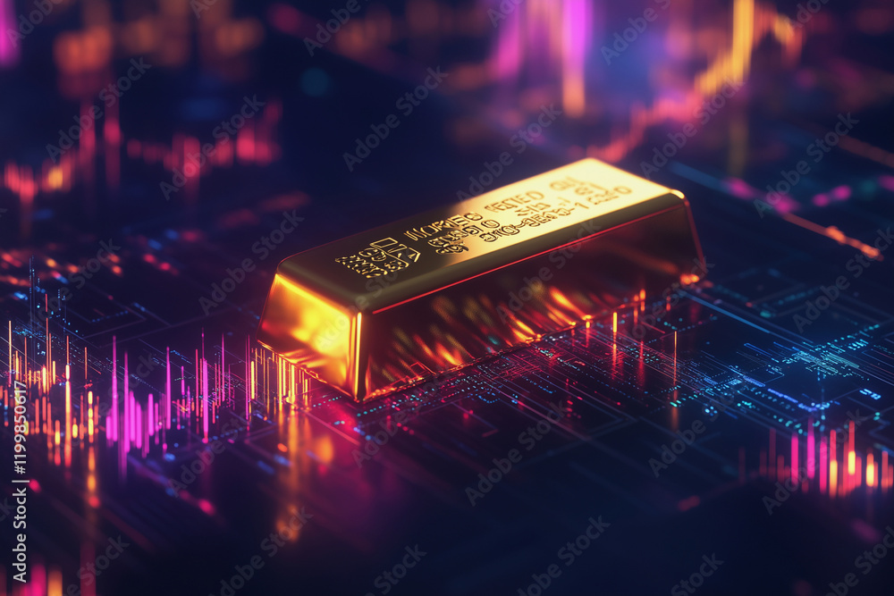 Poster gold bar is shown on a computer screen with a colorful background. concept of technology and moderni
