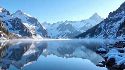 Fototapeta premium Snow-capped mountains embrace a serene mountain lake, its surface mirroring the sky. Snow blankets nearby rocks, enhancing the tranquil, untouched landscape