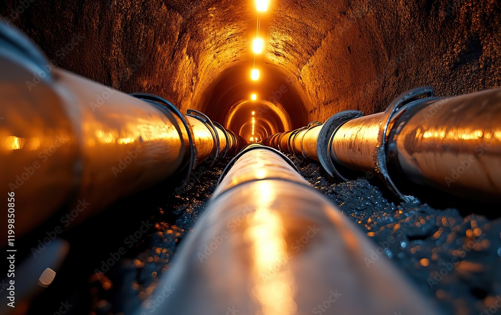 Poster dark tunnel view with illuminated pipes reflecting light along the path.