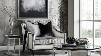 Stylish contemporary living room with elegant furniture and modern decor featuring a large window and abstract artwork