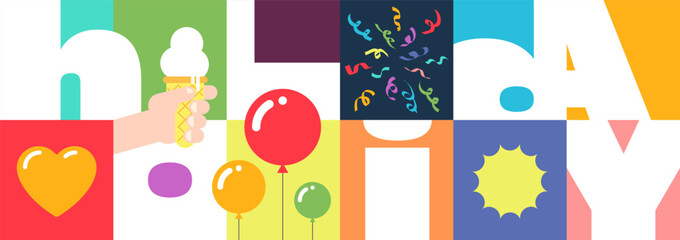 Vibrant festive banner featuring bold geometric designs and cheerful colors. Modern graphic template perfect for party invitations, event flyers, holiday celebrations and creative social gatherings
