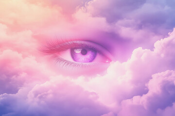 close up of a purple eye with a cloud in the background. The eye is surrounded by a pinkish purple cloud