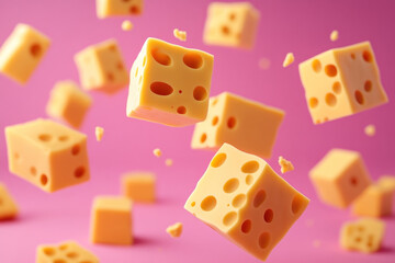 Cheese falling from a piled-up tower, creating a delicious mess below, captured in mid-air.