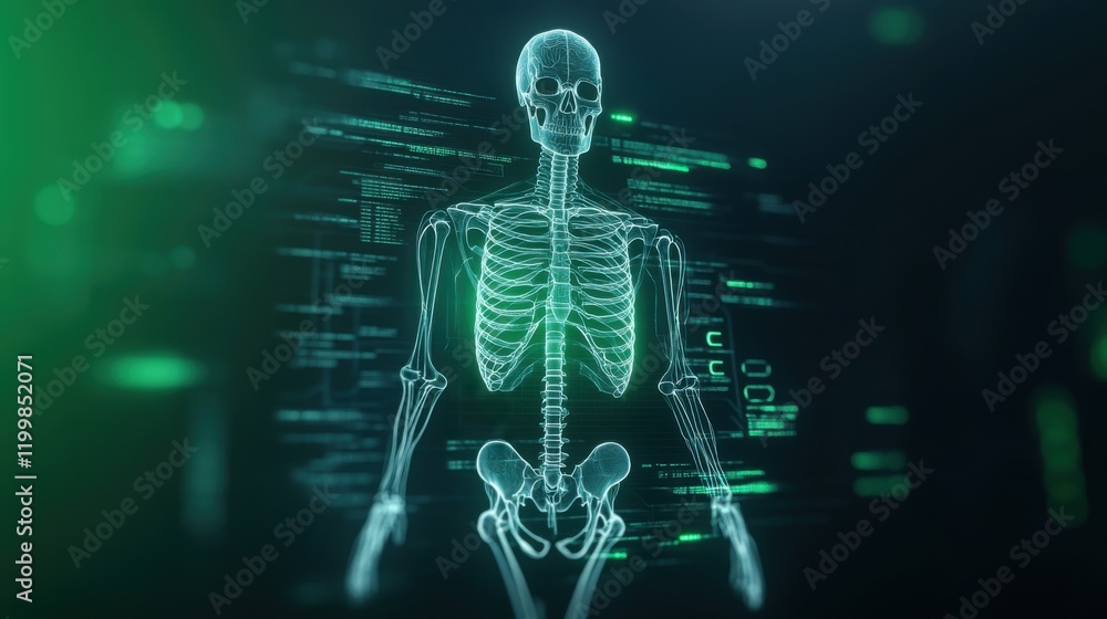Aufkleber futuristic digital skeleton visualization with green and black background representing anatomy and d