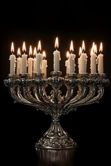Ornate Silver Hanukkah Menorah with Flickering Candlelight Illuminating a Dramatic Moody Background