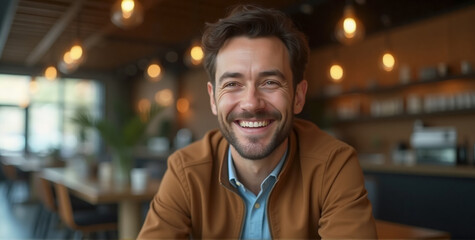 Obraz premium Mid Shot of Man Smiling Warmly in Stylish Coffee Shop Environment