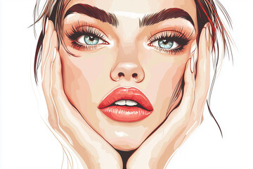 woman with blue eyes and red lips is shown with her hands on her face. The image is a drawing of a woman's face, and the concept is that of beauty and makeup. Scene is one of confidence