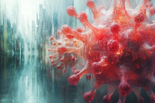 3D representation of a virus cell amid a futuristic cityscape reflecting health challenges