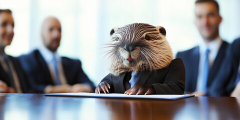Business meeting with a dressed-up animal in a boardroom