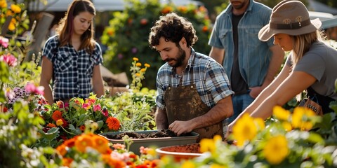 Three individuals actively engaged in a gardening endeavor surrounded by flowers and plants