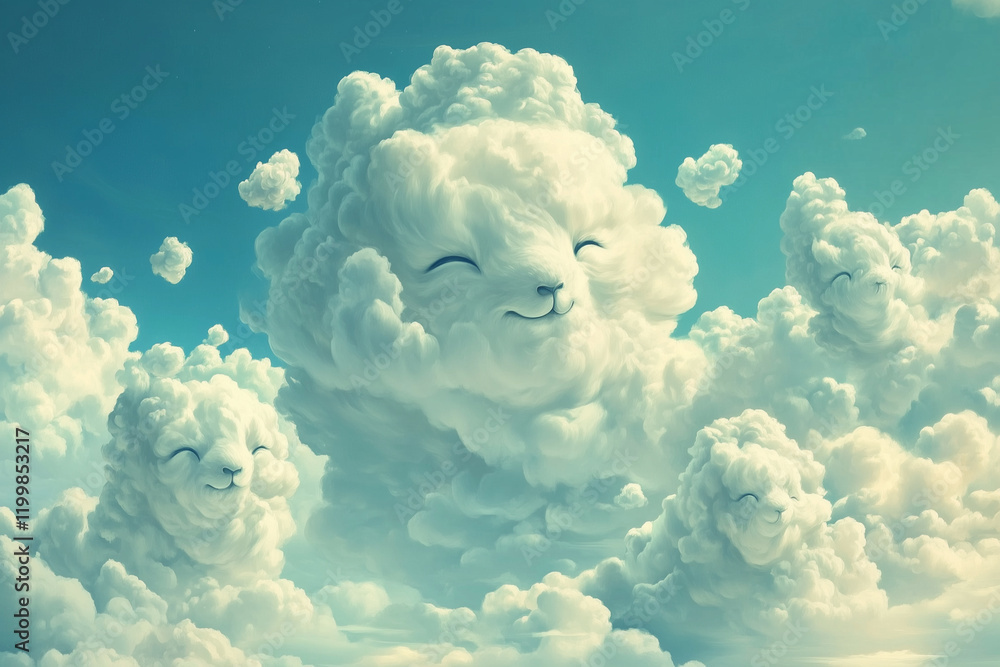 Poster fluffy cloud with a smiling face and a few other clouds with sheep faces. scene is lighthearted and 
