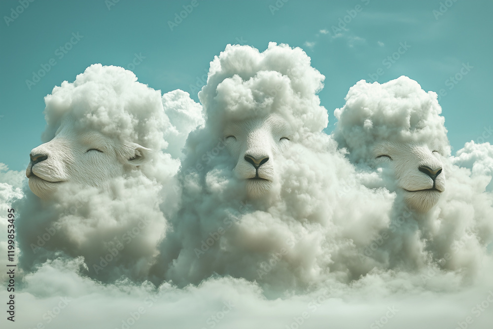 Poster three sheep are floating in the sky, with their heads resting on clouds. the sheep are smiling and a