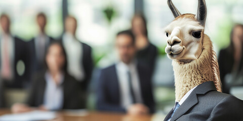 Llama dressed in a suit at a corporate meeting setting