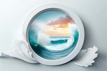 A clean illustration of a round porthole window, showing a scenic ocean view with waves and a bright blue sky