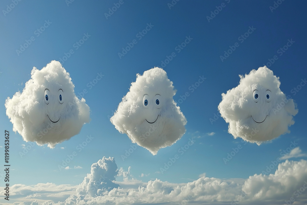 Poster Three clouds with smiling faces flying in the sky. The clouds are positioned at different heights and angles, creating a sense of depth and movement. Scene is lighthearted and cheerful