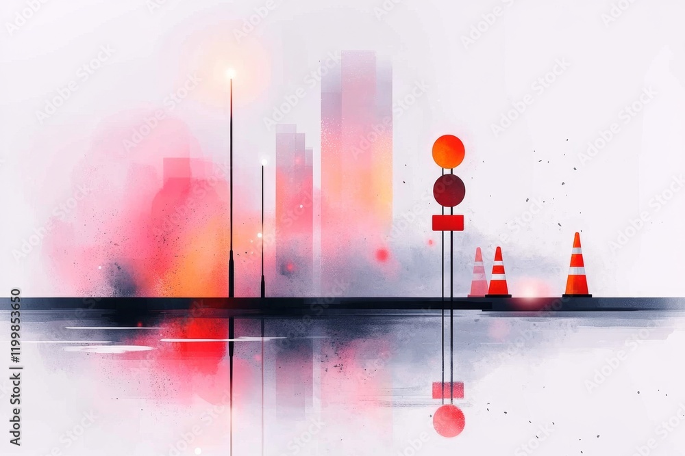 Aufkleber a clean vector design of a construction zone with traffic cones and a barrier, rendered in a modern 