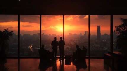 Fototapeta premium Business professionals silhouetted against a sunset skyline, engaging in a handshake while others observe