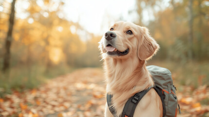 A Golden Retriever wearing a small backpack, standing on a hiking trail covered in autumn leaves, with the golden hues of fall trees