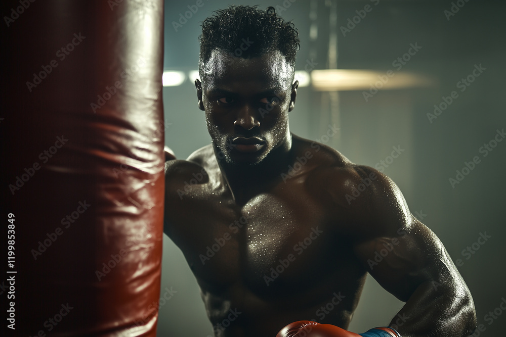 Poster man with a boxing glove on his left hand is standing in front of a punching bag. he is sweating and 