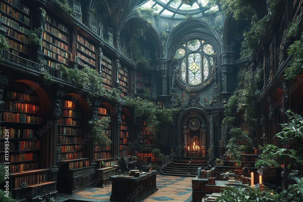 Poster mystical library filled with ancient books surrounded by lush greenery and soft candlelight during t