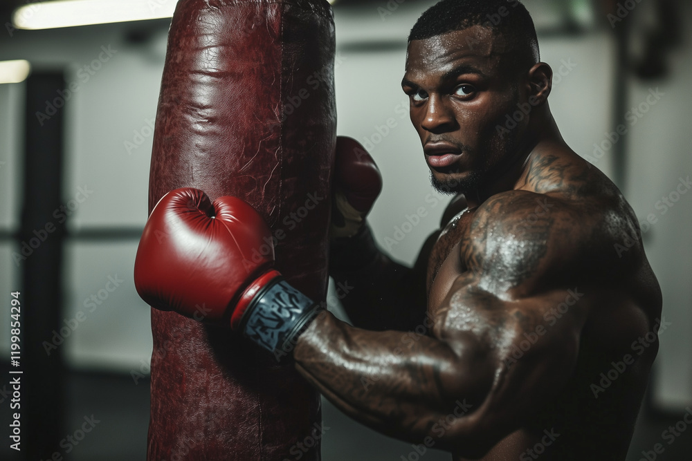 Poster man with a red glove on his left hand is standing in front of a punching bag. he is looking at the c