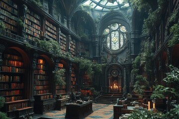Obraz premium Mystical library filled with ancient books surrounded by lush greenery and soft candlelight during twilight hours