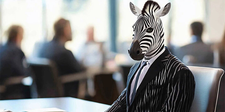 Business meeting with a person in a zebra mask
