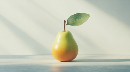 A single pear with a green-yellow gradient, complete with a stem and a leaf, on a soft gray background