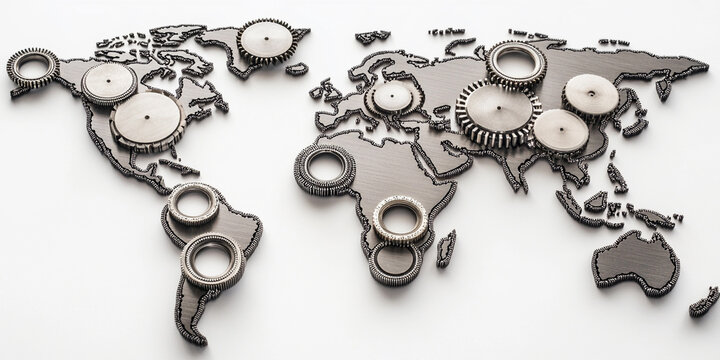 World map created with gears and cogs for artistic design
