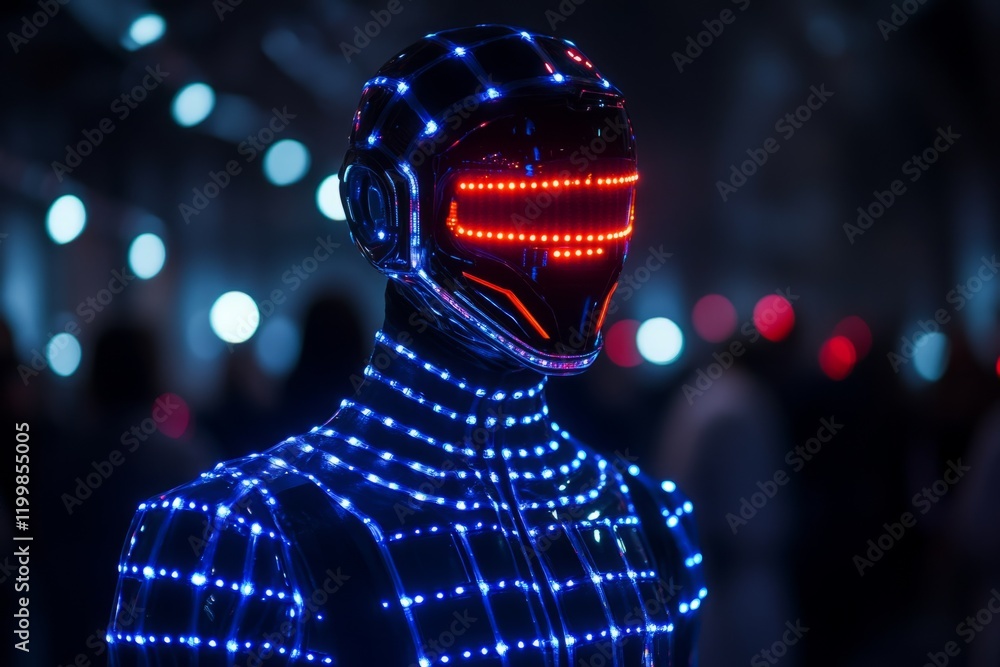 Poster led illuminated costume creating a stunning visual effect during a performance in a dark environment